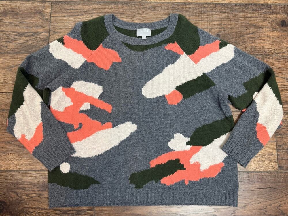 Pure Collection 100% Cashmere Gray Camo Raglan Crewneck Sweater Basics 14/16